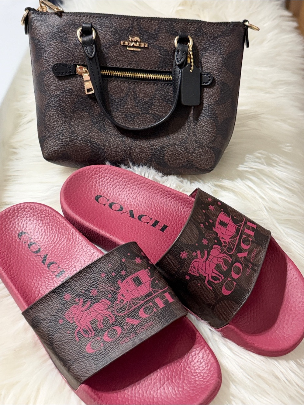 COACH Pink & Brown Signature Slide Sandals with Brown Monogram mini coach purse
